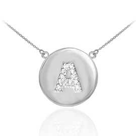Letter "A" disc necklace with diamonds in 14k white gold.