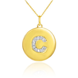 Letter "C" disc pendant necklace with diamonds in 10k or 14k yellow gold.