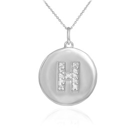 Letter "H" disc pendant necklace with diamonds in 10k or 14k white gold.