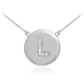 Letter "L" disc necklace with diamonds in 14k white gold.