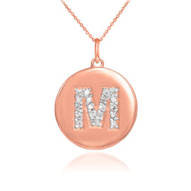 14k Rose Gold Letter "M" Initial Diamond Disc Pendant Necklace