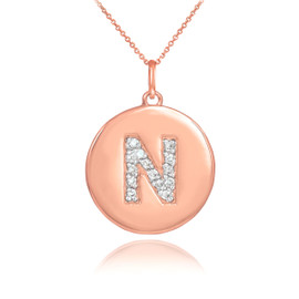 14k Rose Gold Letter "N" Initial Diamond Disc Pendant Necklace