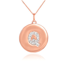 14k Rose Gold Letter "Q" Initial Diamond Disc Pendant Necklace