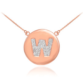 14k Rose Gold Letter "W" Initial Diamond Disc Necklace