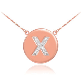 14k Rose Gold Letter "X" Initial Diamond Disc Necklace