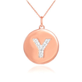 14k Rose Gold Letter "Y" Initial Diamond Disc Pendant Necklace