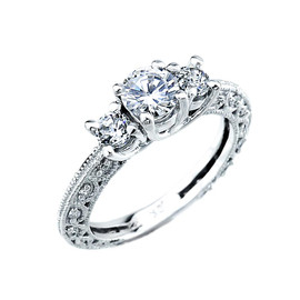 10k White Gold Art Deco 3 Stone Cubic Zirconia Engagement Ring