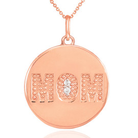 14K Rose Gold "MOM" Script Diamond Disc Pendant Necklace