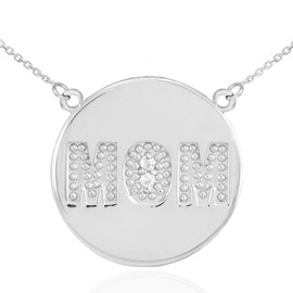 14K White Gold "MOM" Script Diamond Disc Necklace