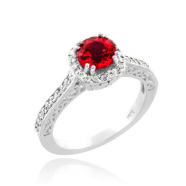White Gold Halo Diamond Pave Ruby Engagement Ring