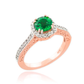 Rose Gold Halo Pave Diamond Emerald Engagement Ring