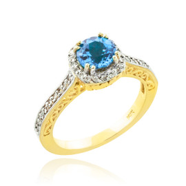 Aquamarine Solitaire Halo Diamond Pave Gold Engagement Ring