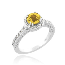 Yellow Citrine Halo Diamond Pave White Gold Engagement Ring