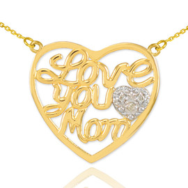 14K Gold Diamond Pave Heart "Love Your Mom" Script Necklace