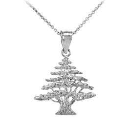 White Gold Cedar Tree of Lebanon Charm Pendant Necklace