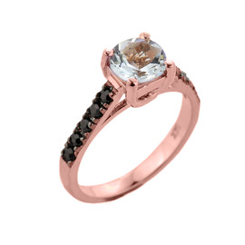 Rose Gold Aquamarine and Black Diamond Solitaire Engagement Ring