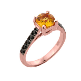 Rose Gold Citrine and Black Diamond Solitaire Engagement Ring