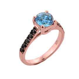 Rose Gold Blue Topaz and Black Diamond Solitaire Engagement Ring