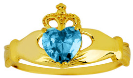 March birthstone aquamarine cz Claddagh ring in gold.