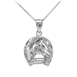 Silver Horseshoe with Horse Head Charm Pendant Necklace