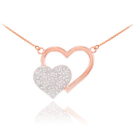 14k Rose Gold Pave Diamond Twin Hearts Necklace