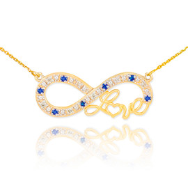 14k Gold Sapphire Infinity "Love" Script Necklace with Diamonds