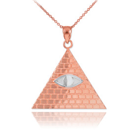 Two-Tone Rose Gold Egyptian Pyramid with All-Seeing Eye of Horus Pendant Necklace