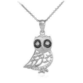 Polished White Gold Owl Pendant Necklace with Diamonds