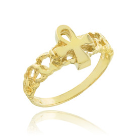 Gold Ankh Cross Nugget Knuckle Ring