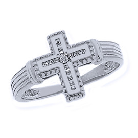 White Gold Rhodium Diamond Cross Ring