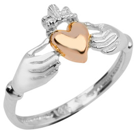 White Gold Claddagh Ring Ladies with Pink Heart