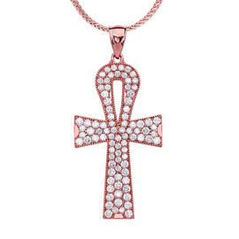 Rose Gold 4 Carat Diamond Ankh Cross Pendant Necklace