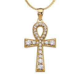 Yellow Gold Ankh Cross Diamond Pendant Necklace