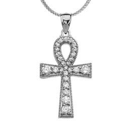 White Gold Ankh Cross Cubic Zirconia Pendant Necklace