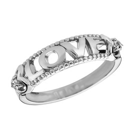 "Love" Script And Heart Diamond Beaded White Gold Ring