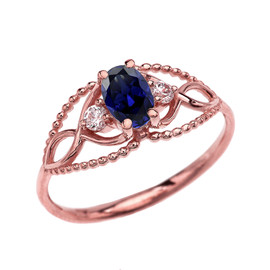Elegant Beaded Solitaire Ring With Sapphire Centerstone and White Topaz in Rose Gold