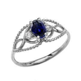 Elegant Beaded Solitaire Ring With Sapphire Centerstone and White Topaz in White Gold