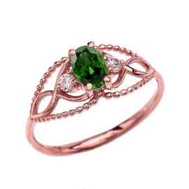 Elegant Beaded Solitaire Ring With Emerald Centerstone and White Topaz in Rose Gold