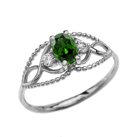 Elegant Beaded Solitaire Ring With Emerald Centerstone and White Topaz in White Gold