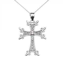 10k or 14k White Gold Elegant Armenian Cross CZ Pendant