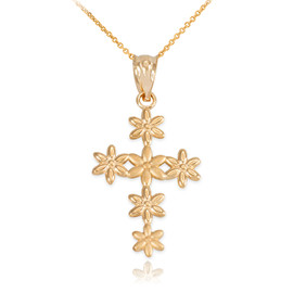 Yellow Gold Cross Of Flowers Pendant Necklace