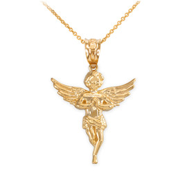 Yellow Gold Textured Praying Angel Pendant Necklace