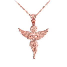 Rose Gold Textured Praying Angel Pendant Necklace