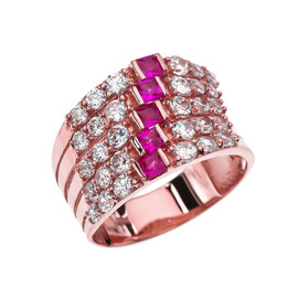 Fancy Five Raw Red and White CZ Rose Gold Modern Ring