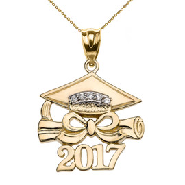 Yellow Gold Class of 2017 Graduation Cap Pendant Necklace with Diamond