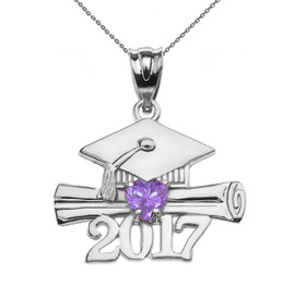 White Gold Heart June Birthstone Alexandrite CZ Class of 2017 Graduation Pendant Necklace