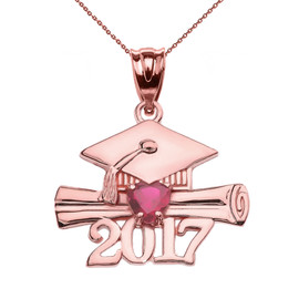 Rose Gold Heart July Birthstone Red CZ Class of 2017 Graduation Pendant Necklace