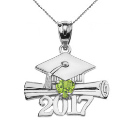 Sterling Silver Heart August Birthstone Light Green CZ Class of 2017 Graduation Pendant Necklace