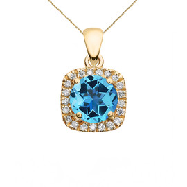 Halo Diamond and Blue Topaz Dainty Yellow Gold Pendant Necklace