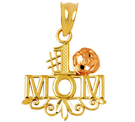 #1 Mom pendant in two-tone yellow and rose gold.